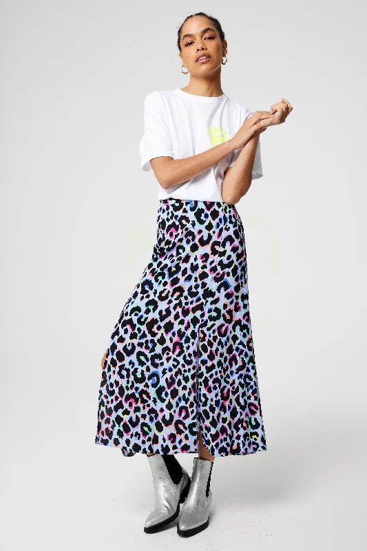 Light Blue with Rainbow Shadow Leopard Split Front Skirt casual skirt length