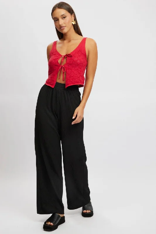 Black Wide Leg Pants High Rise Textured Fabric Comfortable Cargo Pants