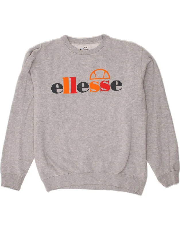 ELLESSE Womens Oversized Graphic Sweatshirt Jumper UK 16 Large Grey Cotton Hoodie with Cuffed Sleeves Snug Secure