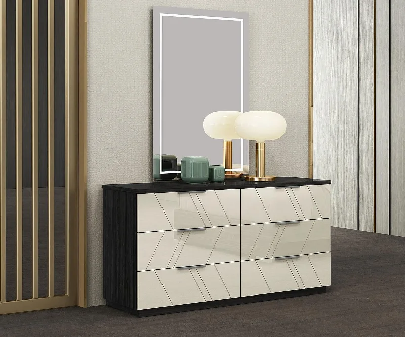 Solid Wood Grey 2 Tone Six-Drawer Dresser & Mirror With LED Lights - Model Travis Tunics Sophisticated sleek Solid Wood Grey 2 Tone Six-Drawer Dresser & Mirror With LED Lights - Model Travis Tunics Sophisticated sleek