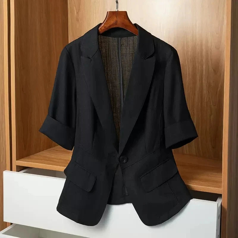 Black Solid Casual Turn-Down Collar Single Button Short Sleeve Women's Jacket Korean Fashion Suit Blazer Short Jackets Coat 2024 Wool Jacket Cashmere Jacket Tweed Jacket Black Solid Casual Turn-Down Collar Single Button Short Sleeve Women's Jacket Korean Fashion Suit Blazer Short Jackets Coat 2024 Wool Jacket Cashmere Jacket Tweed Jacket