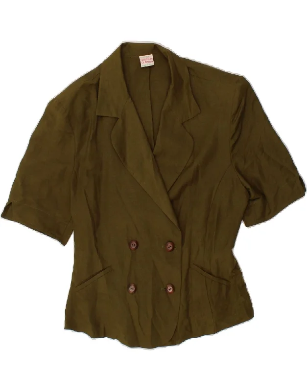 BENETTON Womens Double Breasted Blazer Jacket IT 42 Medium Khaki Linen Boat Neck Shawl Collar Notched Collar BENETTON Womens Double Breasted Blazer Jacket IT 42 Medium Khaki Linen Boat Neck Shawl Collar Notched Collar