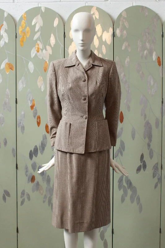 Vintage 1950s Wool Beige Houndstooth Skirt Suit Set, XS lace skirt intricate