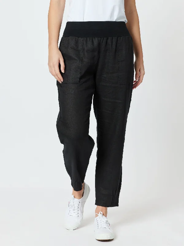 Sarah Linen Pleat Hem Pant - Black Cozy Full-Length Pants