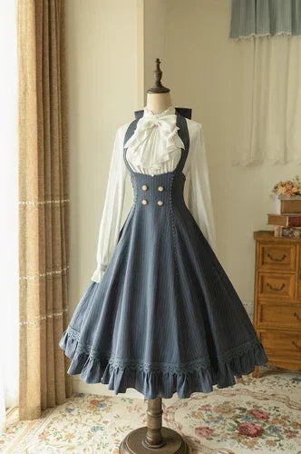 Wjczt Japanese Lolita Halter Sling Dress for Women 2024 Spring Autumn New French Style Lolita Complex Striped Gray Blue Strap Dresses Tunics Brand named Wjczt Japanese Lolita Halter Sling Dress for Women 2024 Spring Autumn New French Style Lolita Complex Striped Gray Blue Strap Dresses Tunics Brand named