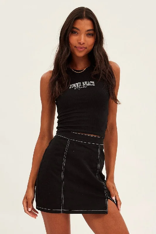Black Crop Tank Embroidered Sleeveless yoga tank top