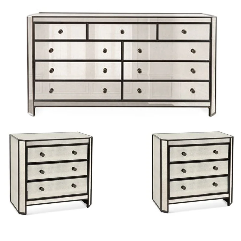 Silver 9-Drawer Dresser and two 3-Drawer Nightstands Package (3-piece)- Model Powell Tunics Chic elegant Silver 9-Drawer Dresser and two 3-Drawer Nightstands Package (3-piece)- Model Powell Tunics Chic elegant