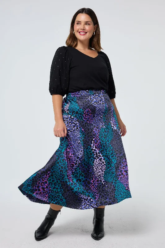 Blue with Green Spliced Leopard Satin High Low Hem Skirt zip skirt side