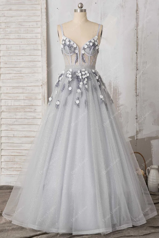 Grey Glitter Tulle Petal Corset Modern Quinceanera Dress Tunics Occasion special