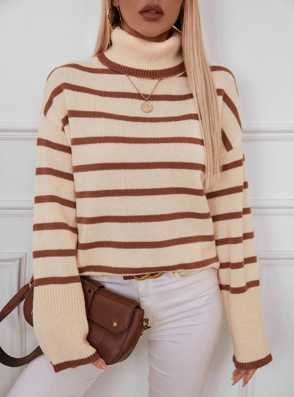 Lapel Striped High Neck Sweater Denim Fabric Leather Fabric Suede Fabric