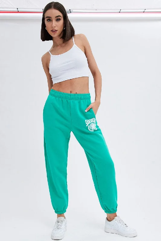 Green Track Pants High Rise Jogger Elegant Trouser Pants