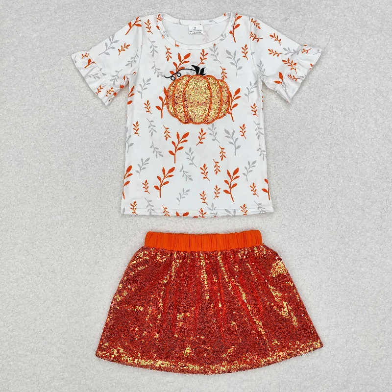 GSD1399 Pumpkin white short sleeve orange sequin skirt set denim skirt classic