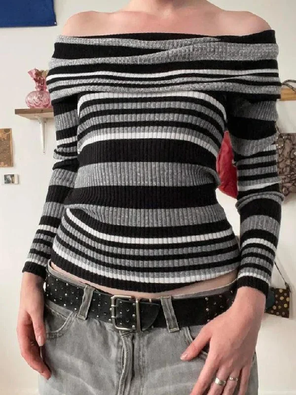 Contrast Color Striped Off Shoulder Slim Sweater Polka Dot Checkered Tartan