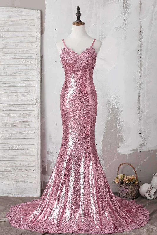 Pink Lace Sparkly Sequin Mermaid Elegant Prom Dress Tunics Lace romantic