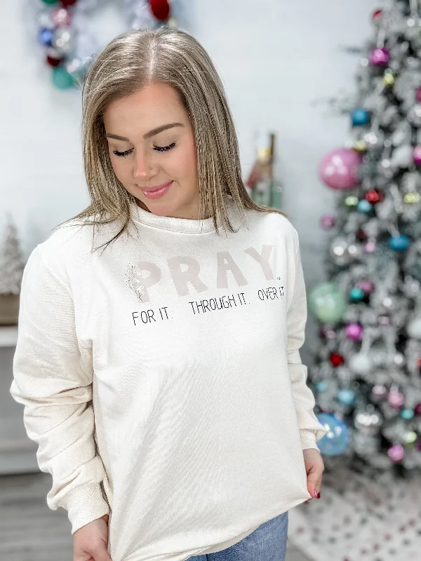 Pray Crewneck Sweatshirt Hoodie with Raw Hem Edgy Unfinished