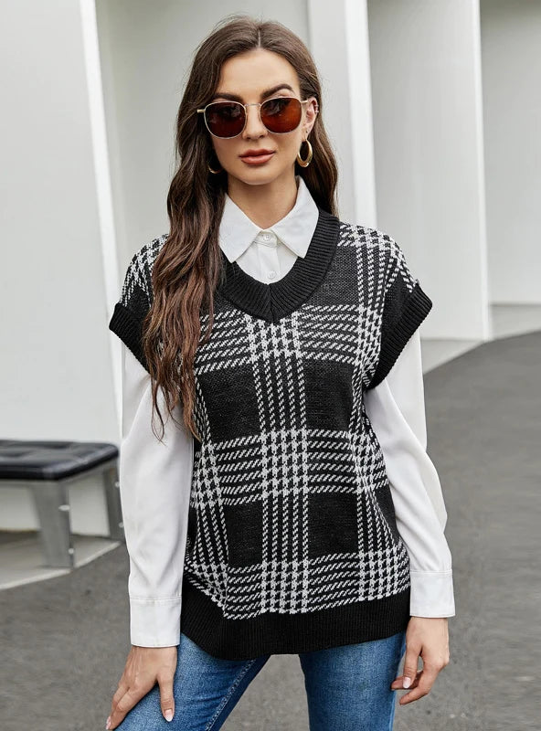 CLASSY LOOSE V-NECK SLEEVELESS KNIT VEST SWEATER Herringbone Houndstooth Plaid