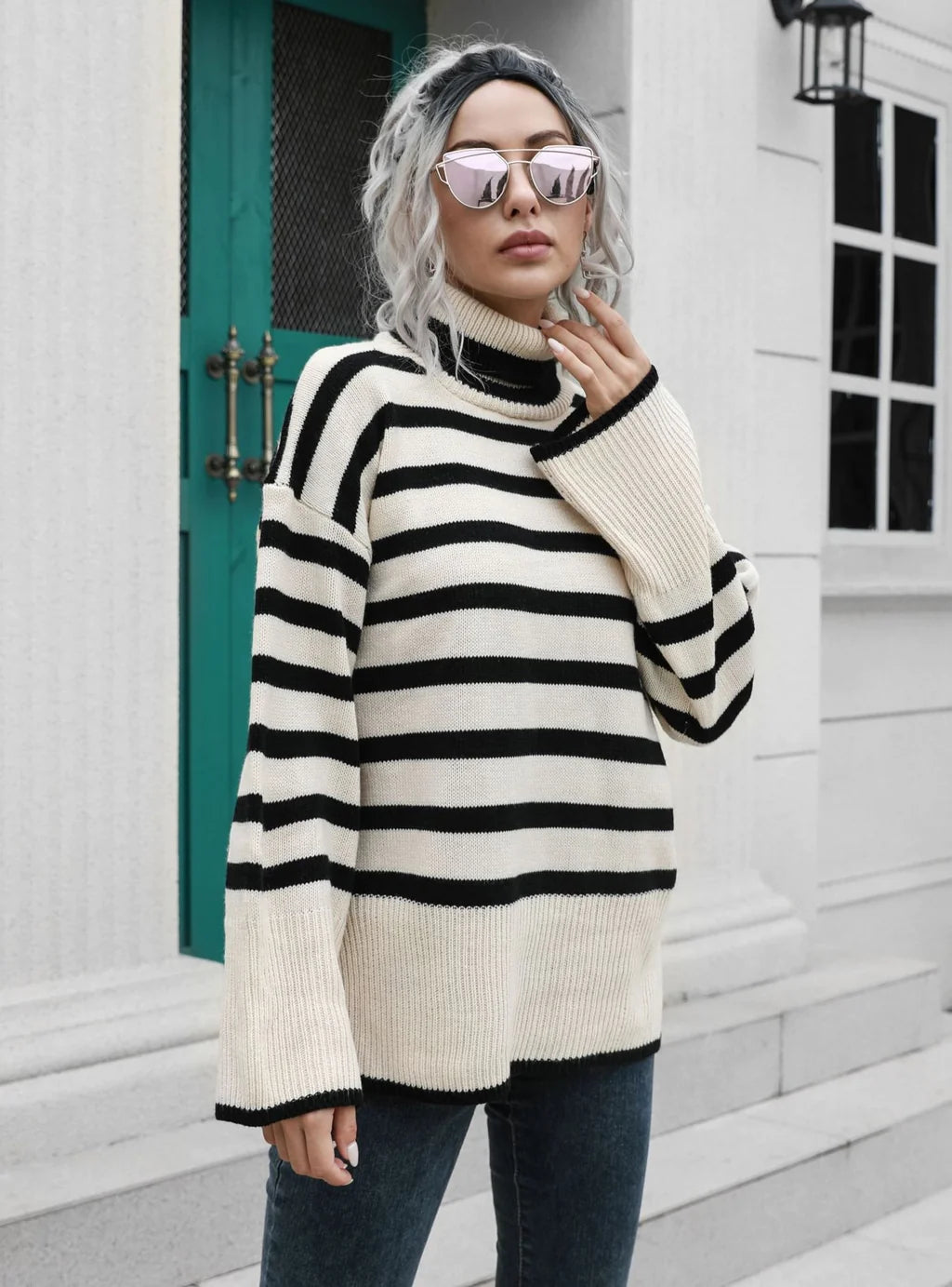 STRIPED SIDE SPLIT MEDIUM AND LONG SWEATER Sweater Knitwear Pullover