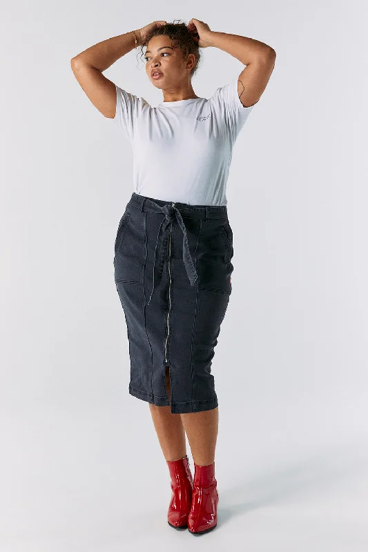 Washed Black Zip Detail Denim Midi Skirt linen skirt natural