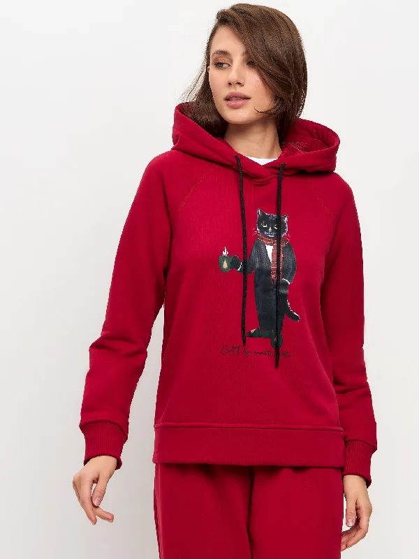 Maroon Printed Hoodie NEW YEAR CAT Hoodie with Longline Fit Extended Stylish