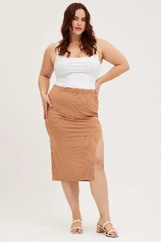 Brown Midi Bodycon Skirt Rib denim skirt classic