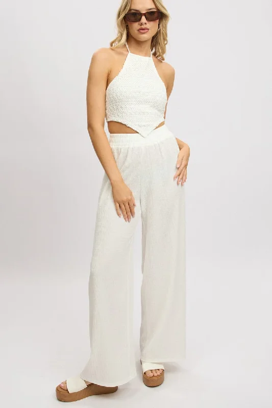 White Wide Leg Pants High Rise Textured Fabric Lightweight Linen Pants