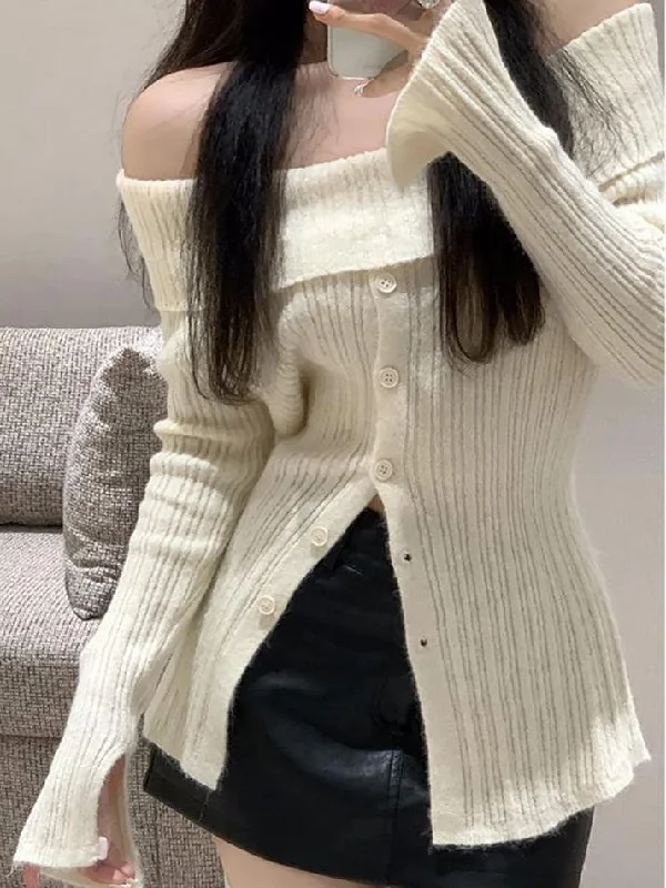 Long Sleeve Off-Shoulder Ribbed-Knit Sweater Thin Thick Dense