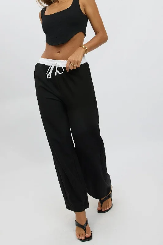 Black Wide Leg Pants Elasticated Contrast Waist Lightweight Jogger Pants