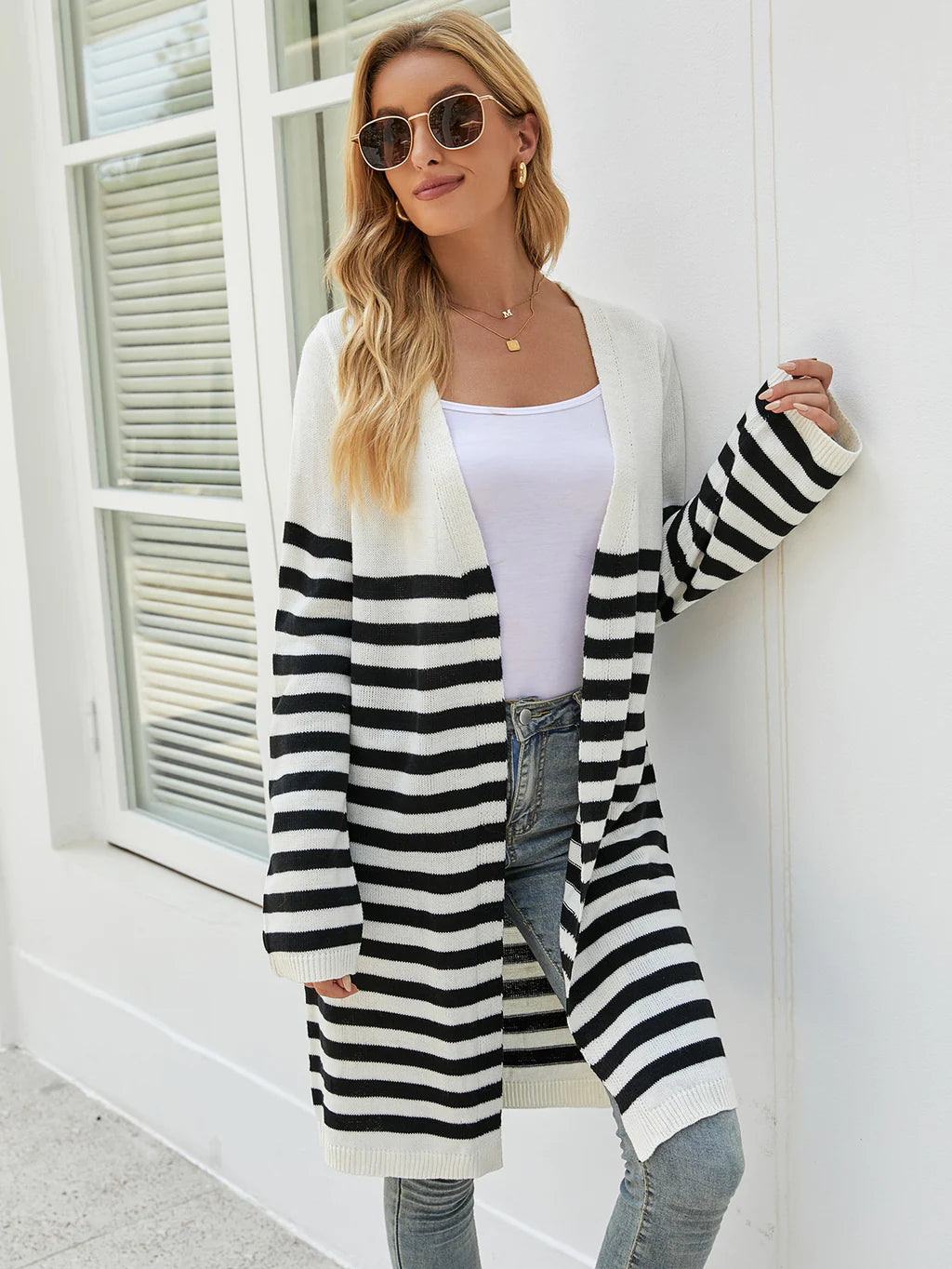 FASHION LONG CASUAL STRIPED LOOSE LONG SLEEVE COAT SWEATER Zippered Buttoned Snapped