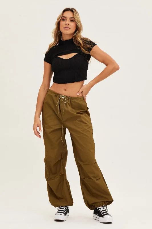 Green Cargo Pants Low Rise Casual Plaid Pants
