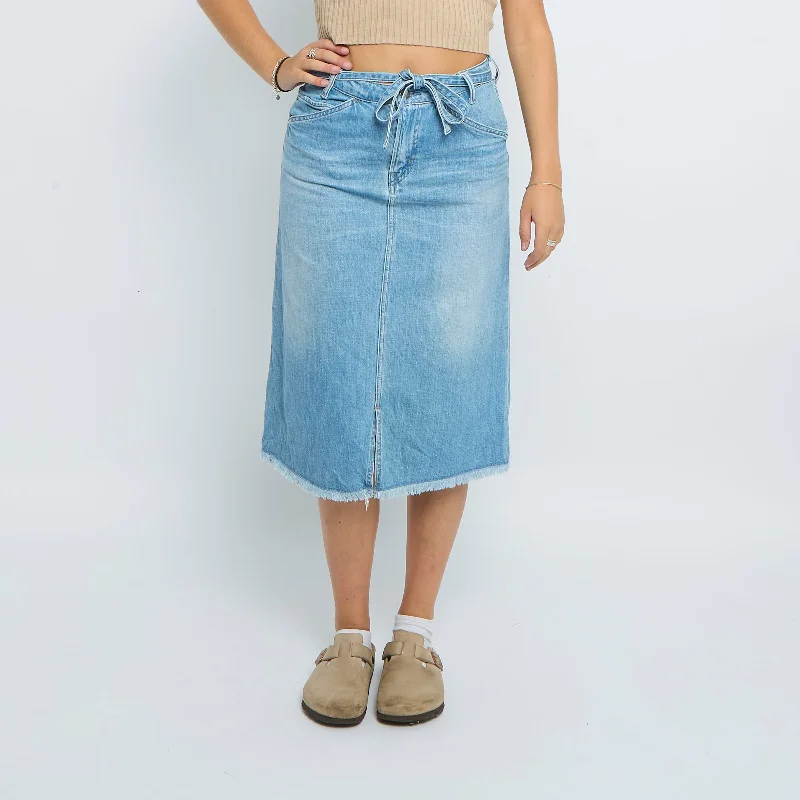 Denim Washed Belt  Frayed Midi Skirt - UK 10 silk skirt smooth