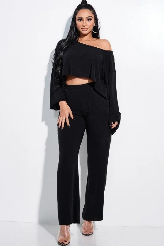 Solid French Terry Long Slouchy Long Sleeve Top And Pants With Pockets Two Piece Set Sleek Black Pants