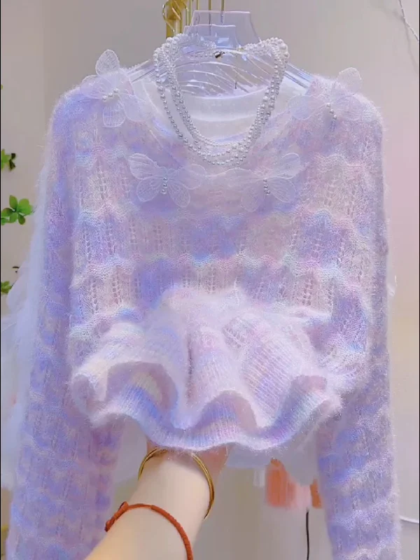 Delicate Butterfly Ruffled Pastel Sweater Machine Wash Dry Clean Hand Wash