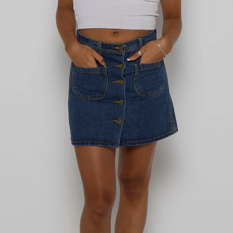 Denim Patch Pocket A Line Short Skirt - UK 10 denim skirt trendy