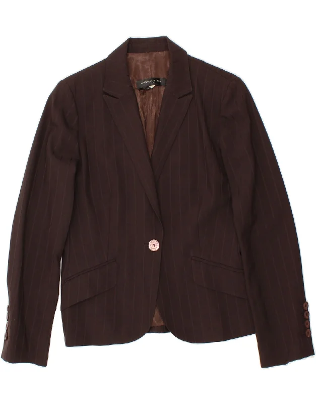 VINTAGE Womens 1 Button Blazer Jacket UK 8 Small Brown Striped Notch Collar Peter Pan Collar Cowl Neck VINTAGE Womens 1 Button Blazer Jacket UK 8 Small Brown Striped Notch Collar Peter Pan Collar Cowl Neck