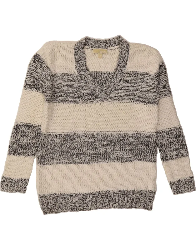 MICHAEL KORS Womens V-Neck Jumper Sweater UK 14 Medium Grey Striped Satin Fabric Silk Fabric Chiffon Fabric MICHAEL KORS Womens V-Neck Jumper Sweater UK 14 Medium Grey Striped Satin Fabric Silk Fabric Chiffon Fabric