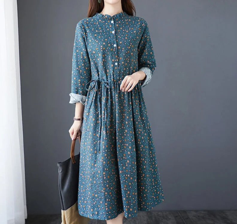 Wjczt New 2022 Autumn Women's Dress Floral Print Casual Loose Fashion Cotton Linen Long Sleeve Elegant Ladies Dresses Blue Yellow Tunics Travel practical Wjczt New 2022 Autumn Women's Dress Floral Print Casual Loose Fashion Cotton Linen Long Sleeve Elegant Ladies Dresses Blue Yellow Tunics Travel practical