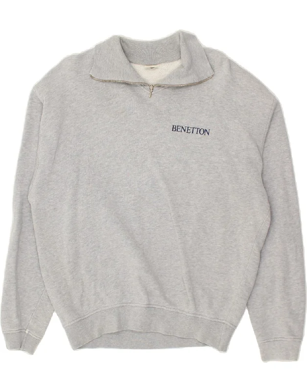 BENETTON Womens Oversized Zip Neck Sweatshirt Jumper Medium Grey Cotton Hoodie with High Neck Warm Protective