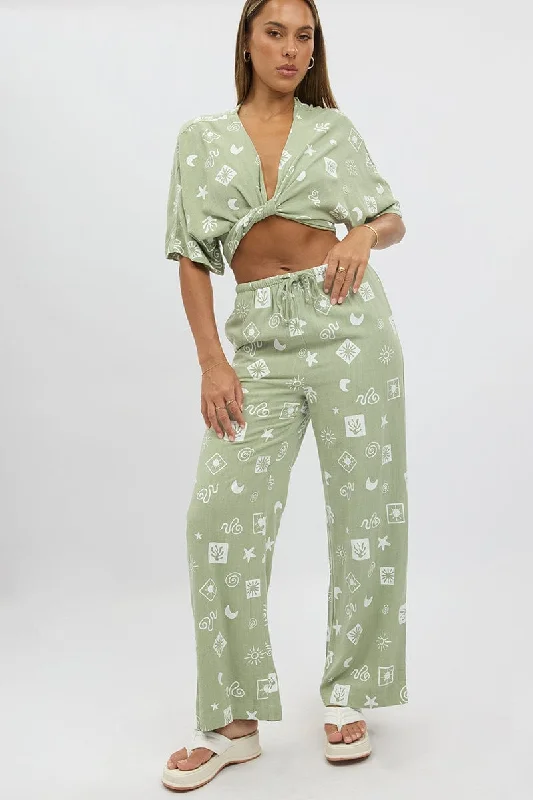 Green Abstract Wide Leg Pants High Rise Fashionable Tapered Leg Pants