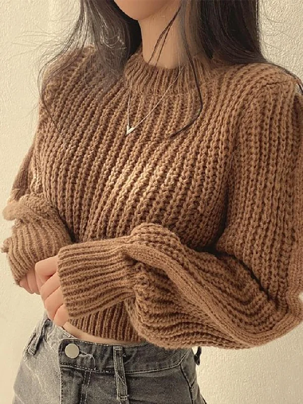 Puff Sleeve Plain Crop Sweater Spandex Blend Rayon Blend Denim Blend