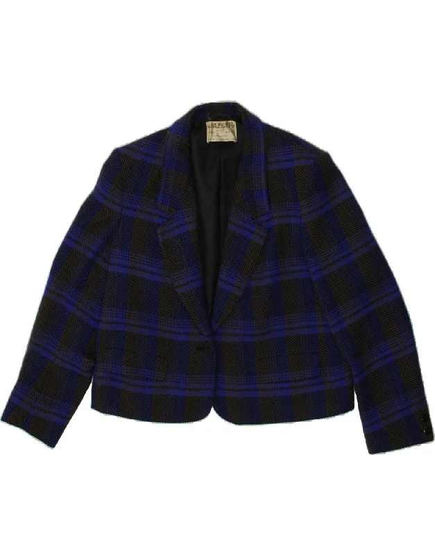 JAEGER Womens 1 Button Blazer Jacket UK 16 Large Blue Check Wool Wool Fabric Cashmere Fabric Tweed Fabric JAEGER Womens 1 Button Blazer Jacket UK 16 Large Blue Check Wool Wool Fabric Cashmere Fabric Tweed Fabric