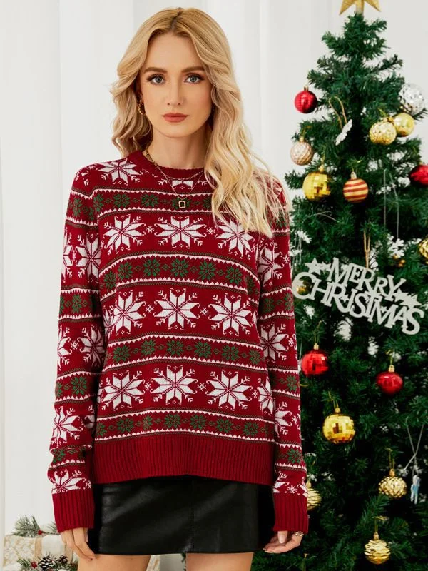 STYLISH ROUND NECK LONG SLEEVE SNOWFLAKE CHRISTMAS SWEATER Terry Blend Velvet Blend Canvas Blend