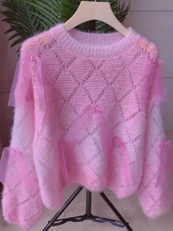 Elegant Bows and Pearl Pastel Pink Sweater Graphic Sweater Embroidered Appliqued