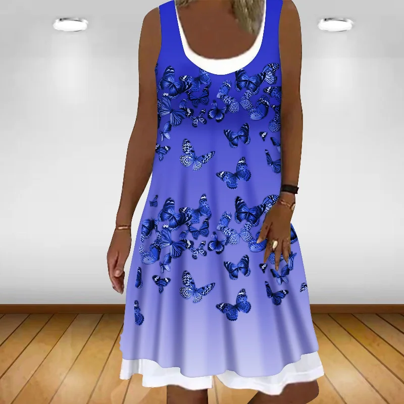 Wjczt Loose Casual Sleeveless Round Neck Summer Dress Gradient Butterfly Print Women's Dress Plus Size Tunics Chinos classic Wjczt Loose Casual Sleeveless Round Neck Summer Dress Gradient Butterfly Print Women's Dress Plus Size Tunics Chinos classic