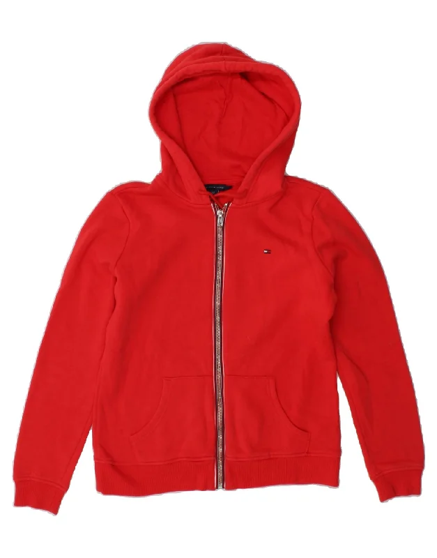 TOMMY HILFIGER Womens Zip Hoodie Sweater UK 10 Small Red Cotton Glossy Satin Silk