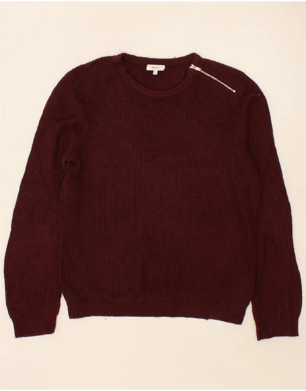 REISS Womens Oversized Crew Neck Jumper Sweater UK 10 Small Burgundy Wool Neon Metallic Matte