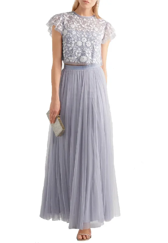 Blue Meadow Embroidered Tulle Cropped Top and Skirt a-line skirt cut