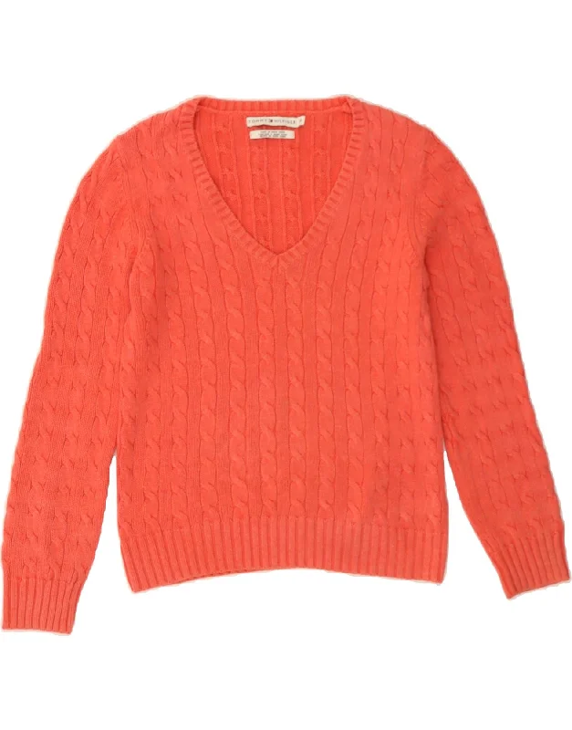TOMMY HILFIGER Womens V-Neck Jumper Sweater UK 14 Large Orange Cotton Striped Floral Plaid TOMMY HILFIGER Womens V-Neck Jumper Sweater UK 14 Large Orange Cotton Striped Floral Plaid