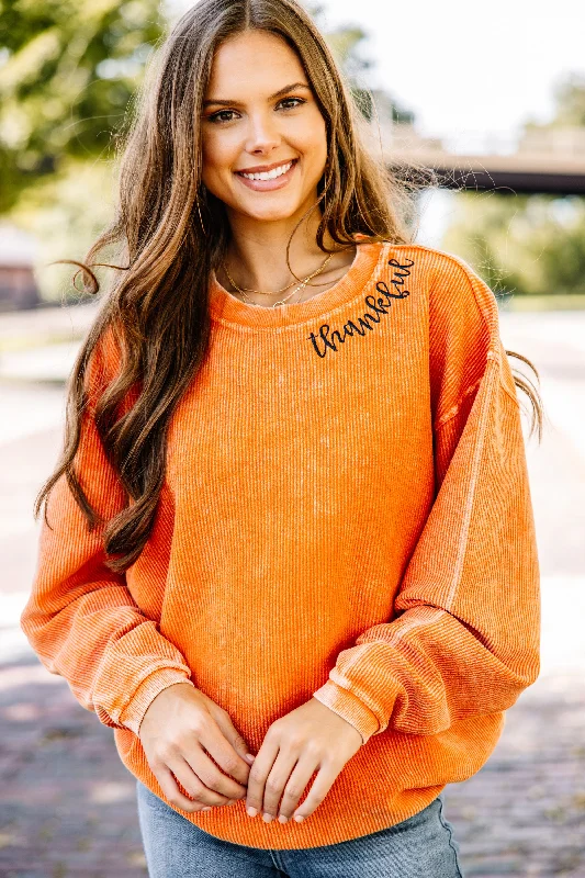 Thankful Burnt Orange Corded Embroidered Sweatshirt Hoodie with Drawstring Waist Adjustable Fitted Thankful Burnt Orange Corded Embroidered Sweatshirt Hoodie with Drawstring Waist Adjustable Fitted