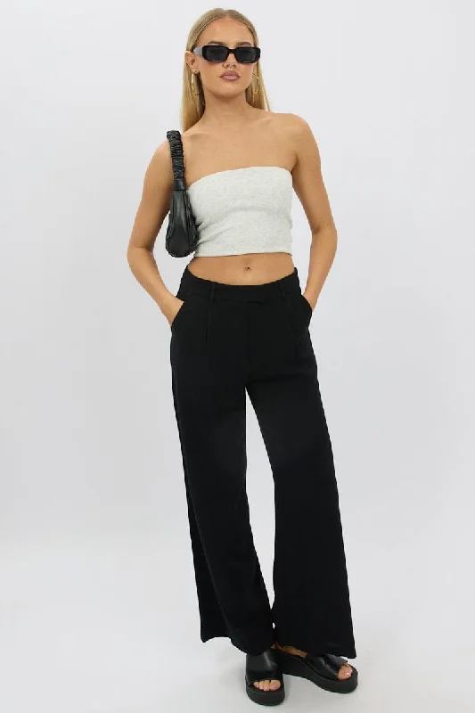 Black Wide Leg Pants Mid Rise Comfy Zip-Up Pants