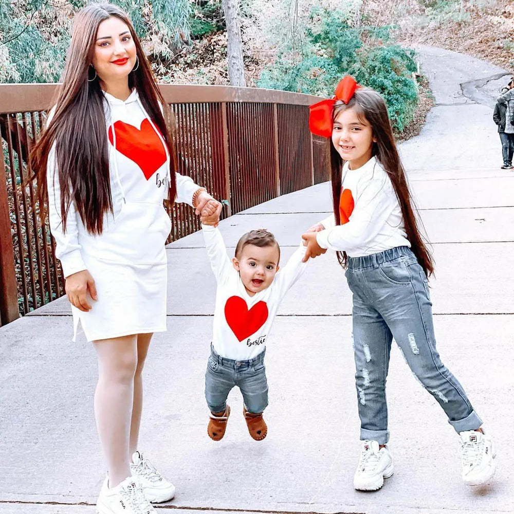 Matching Family Outfits Mommy and Me Long Sleeve Bestie Heart Hoodies Dress Hoodie with Ribbed Cuffs Snug Fit Comfort